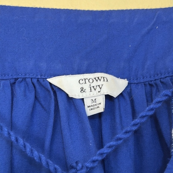 Crown & Ivy | Blue Embroidered Split Neck Tassel Tie Long Sleeve Bohemian Top M - Picture 11 of 16